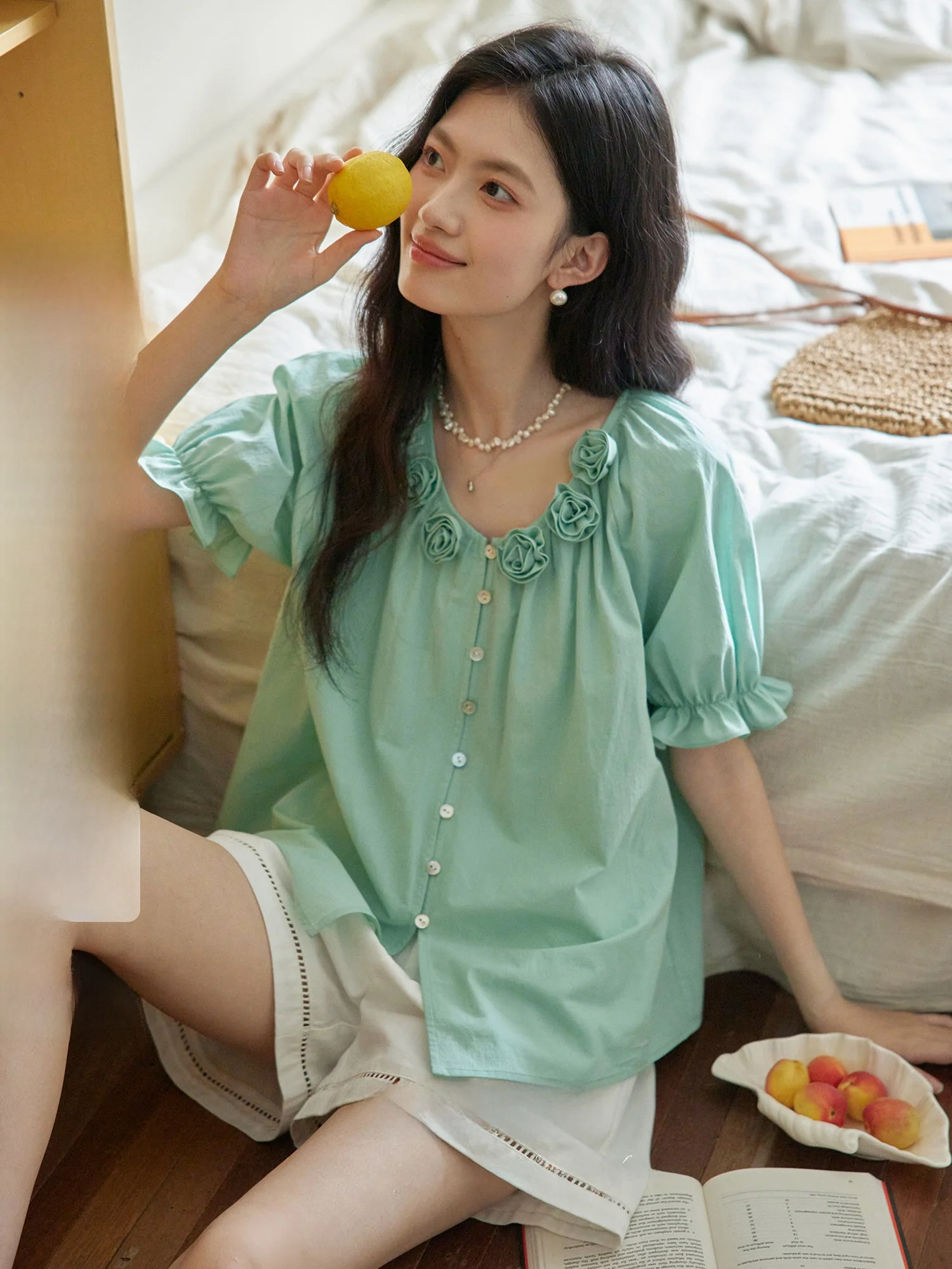 

ORWhite 3D Rose Lace ort Sve irt Women's Vintage Sle Slimming Artistic Faion Cotton Blend Summer irt