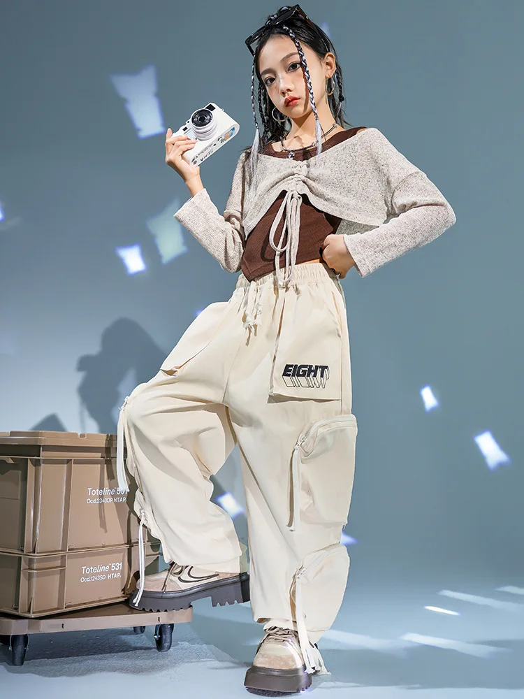 Girls Hip Hop Clothing Distressed Irregular Hem Crop Top T Shirt Gray Cargo Pants for Kids Jazz Dance Costume Clothes