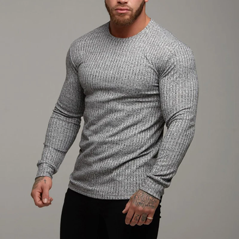 Autumn Running T-shirts Mens Classic Ribbed Knit Jumper Sports Long Sleeved Slim Fit Round Neck Casual Gym Fitness T Shirt