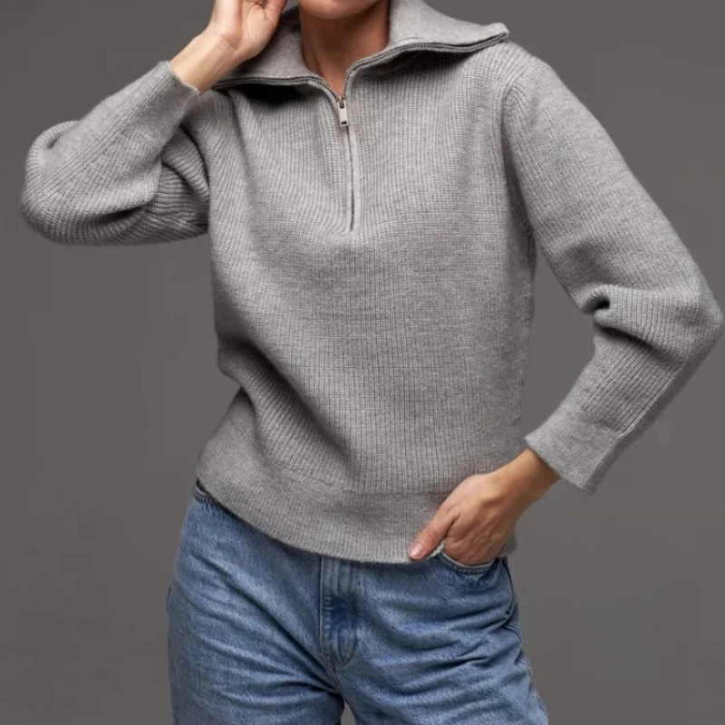 Oversized Knitted Sweater Women Loose Lapel Casual Pullover Zippers Korean Fashion Autumn 2025 Jumper Knitwear