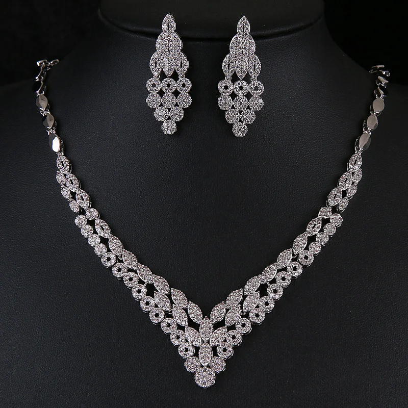 

Trendy New Hollow Out Full Paved CZ Jewelry Set, Creative Necklace & Stud Earrings Elegant Bridal Accessories