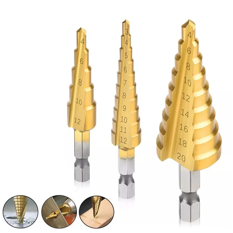 Metal Drill3-12mm 4-12mm 4-20mm HSS Straight Groove Step Drill Bit Titanium Coated Wood Metal Hole Cutter Core Drilling Tool Set
