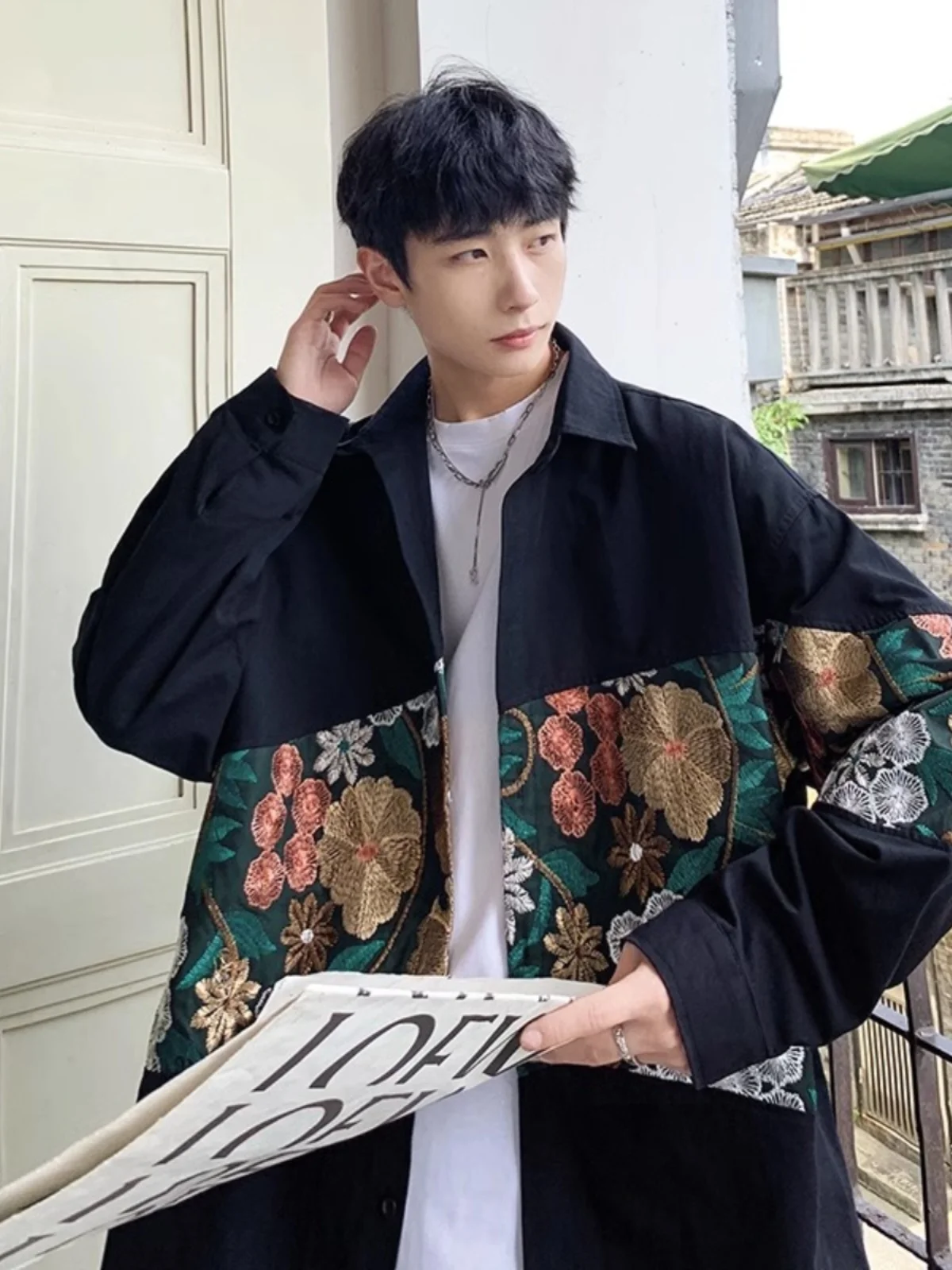 

Свободная посадка Long Sve с вышивкой в стиле пэчворк, мужская винтажная американская модная верхняя одежда на осень, большие размеры