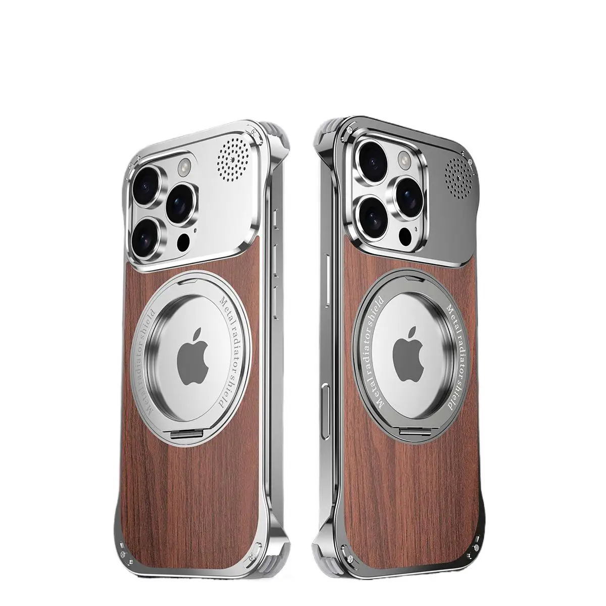 

360 ° Вращающийся кронштейн из металла + чехол из орехового дерева для iPhone 16, 15, 14, 13 Pro Max, магнитная противоударная задняя крышка с беспроводной зарядкой