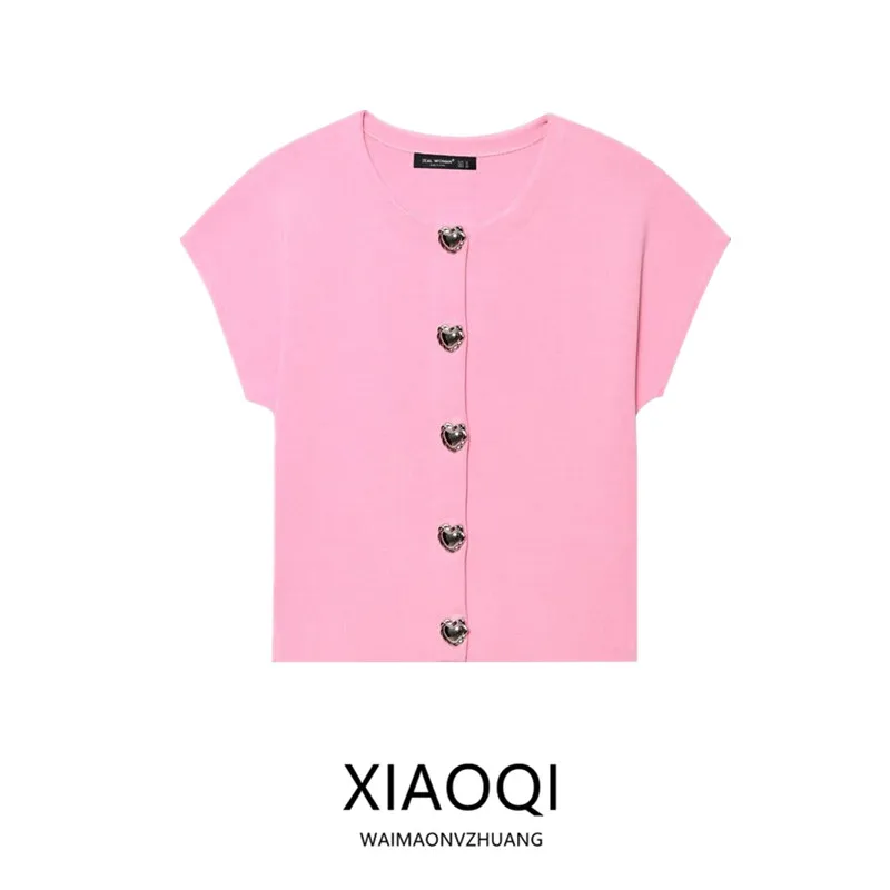 

Sweet Sle Women's Knitted ort Sve round Ne Top Heart aped Button Summer New Arrival Faionable Versatile round Ne...