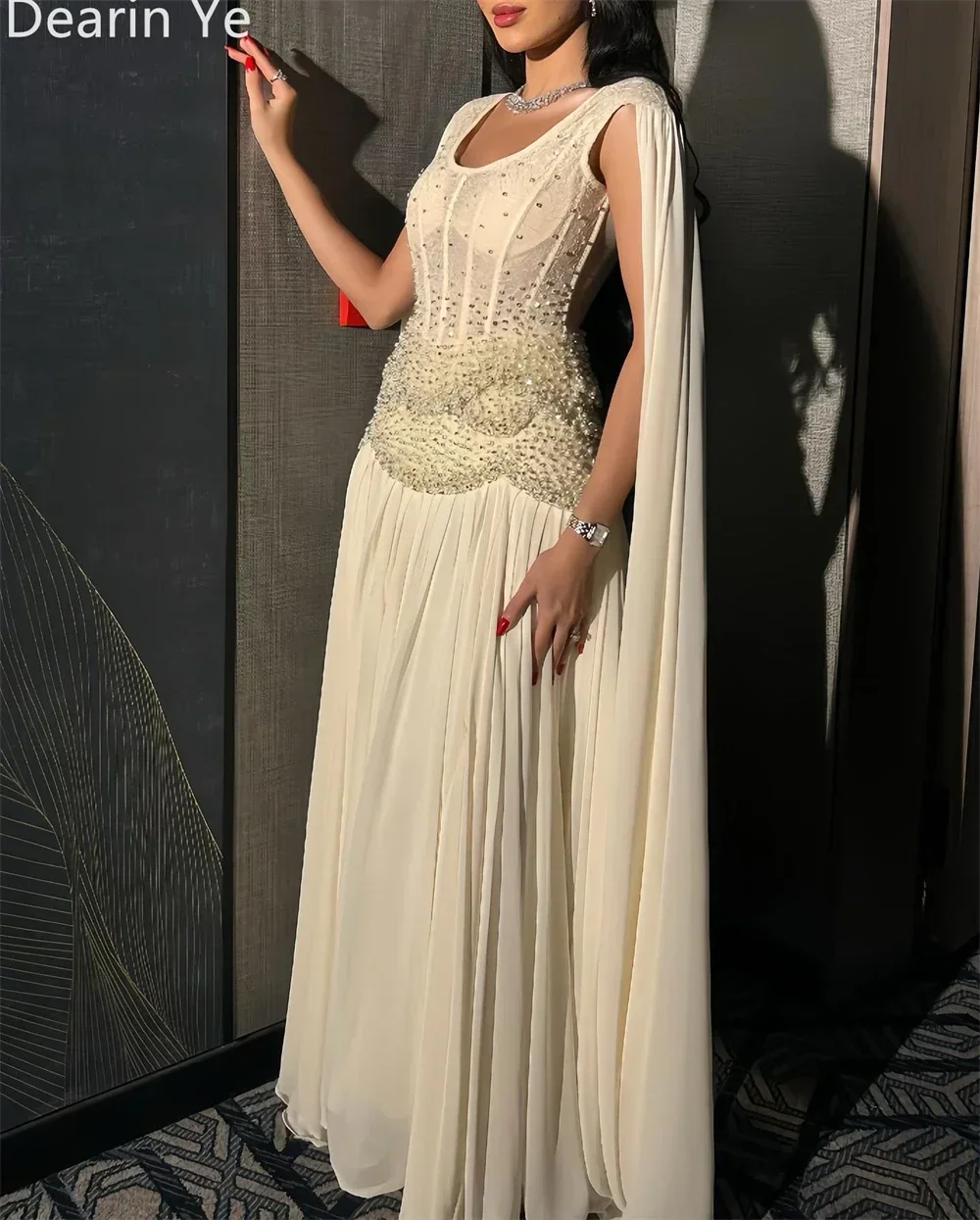 Customized Evening Gown Saudi Arabia Prom Dearin Scoop Neckline A-line Floor Length Skirts Draped Tulle Bead Sleeveless Bespoke