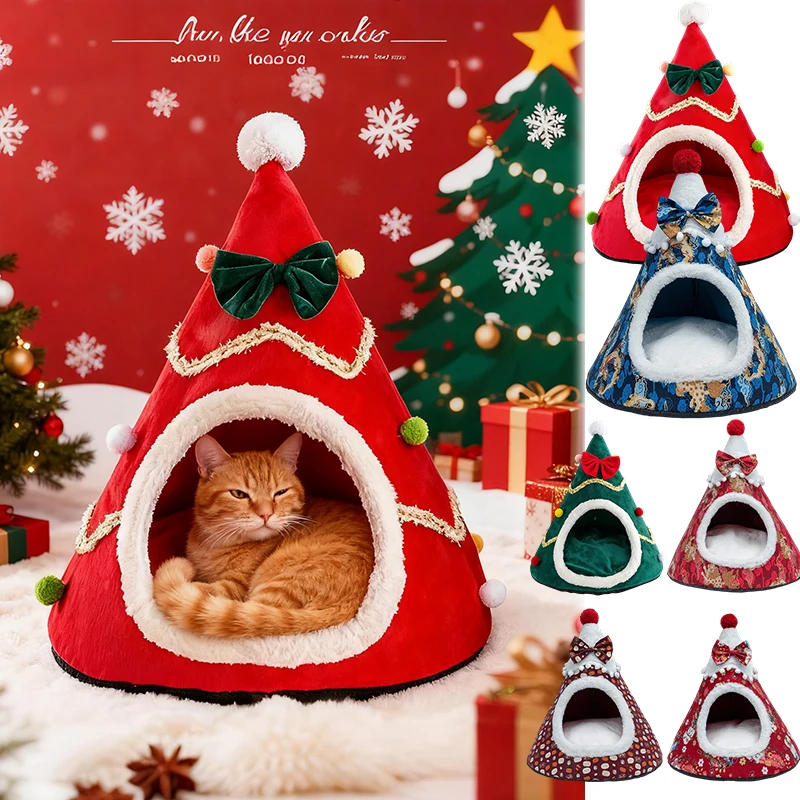 

2026 Warm Autumn & Winter Pet Bed,Semi-Enclosed Warm Tent,Pyramid Shaped Cat Bed House Indoor Pet Bed,Christmas Themed Pet Nest