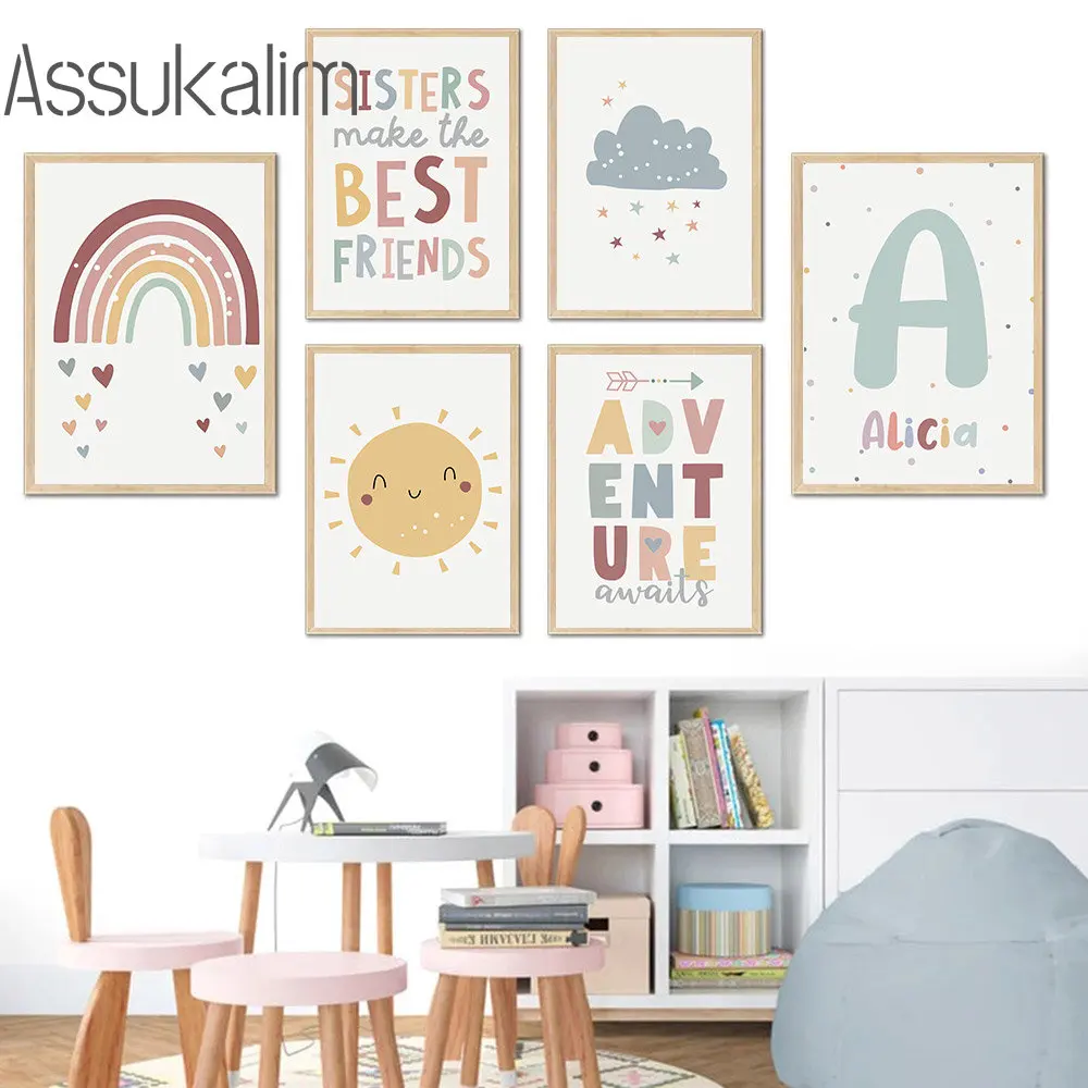 Custom Name Poster Rainbow Art Prints Sun Love Canvas Pictures Colourful Spots Art Paintings Nursery Wall Art Baby Room Decor