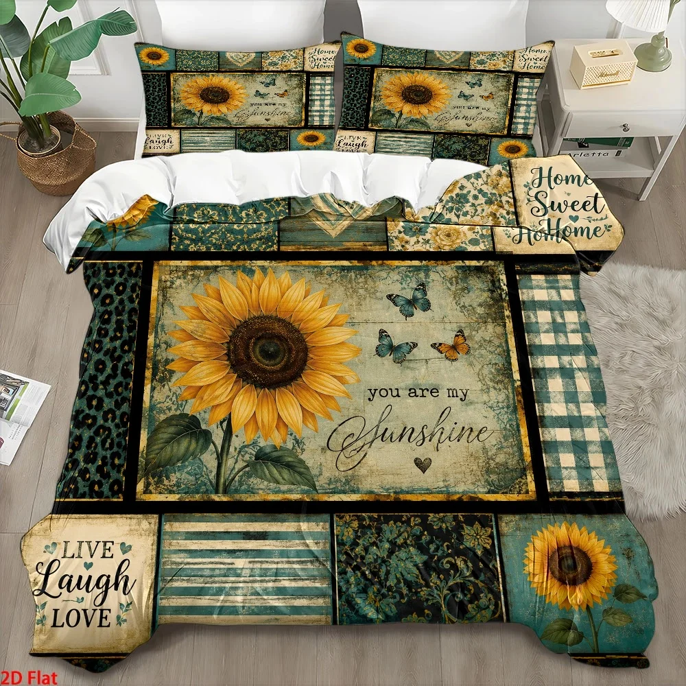 3Pc Sunflower Butterfly Print Quilt Cover Set, Three-Piece Bedding Set (1*Quilt Cover + 2*Pillowcases), Skin-Friendly and Breathable Polyester Woven Bedding, Anti-Wrinkle, Easy to Clean, Durable, Machine Washable, Double Bed Bedding Suitable for All Seasons, Cozy Home Bedroom Decoration, Quilted Duvet Cover with Invisible Zipper Closure, Modern Minimalist Light Luxury Style Bed Cover Set, Suitable for Home Master Bedroom, Guest Room, Student Dormitory, Live Laugh Love