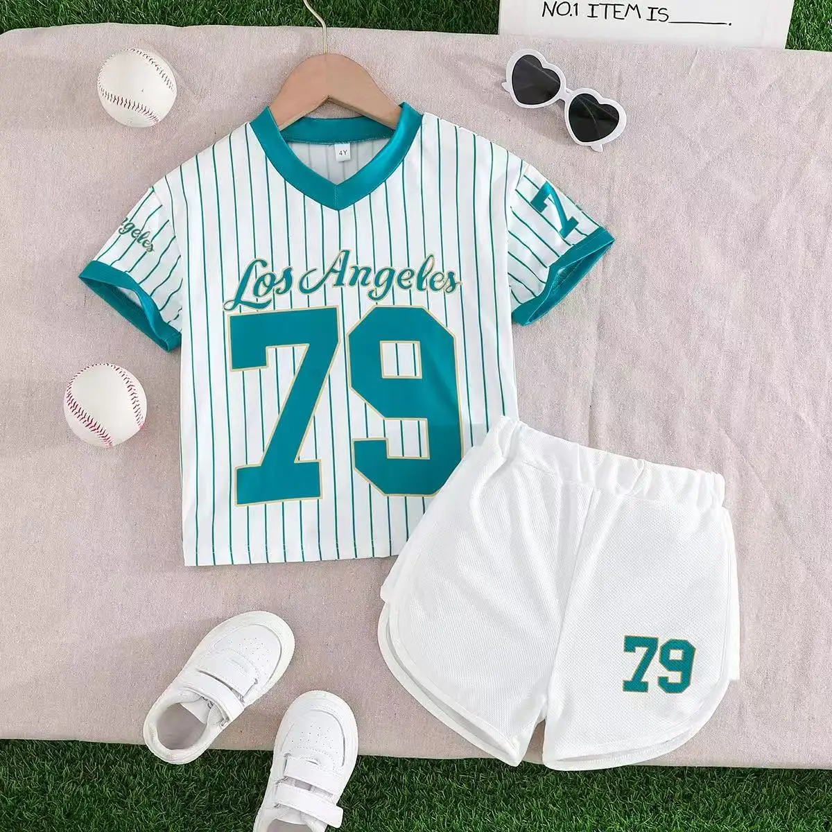 

Kids Girls' Summer Sports Style Suit Lime Green Striped Fashion Short Sleeve Top + Sports Shorts 2 pcs Set 90-150cm