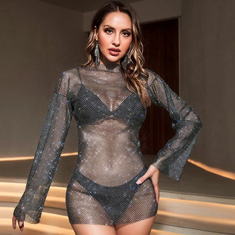Großartiges Damen-Minikleid mit glänzenden Strass-Steinen, Fischnetz-Design, langen Ärmeln, durchsichtig, figurbetont, für Party und Clubwear, Sommerkleid 2026 – Detail 3