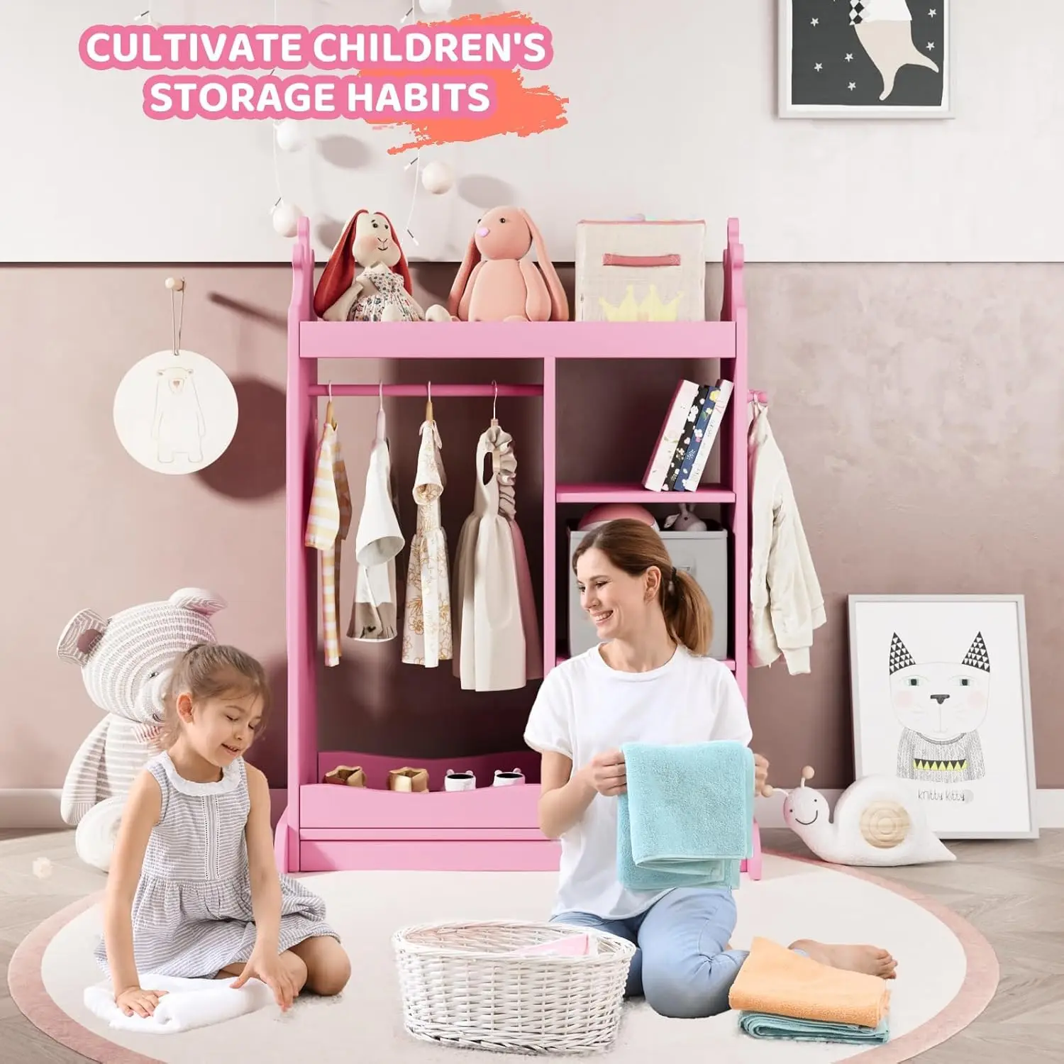 Wardrobe with Mirror, Open Dress Up Storage Kids Armoire Wardrobe with 3 Tier Storage Shelf,2 Fabric Storage,Shoe Rack, Kids Dre