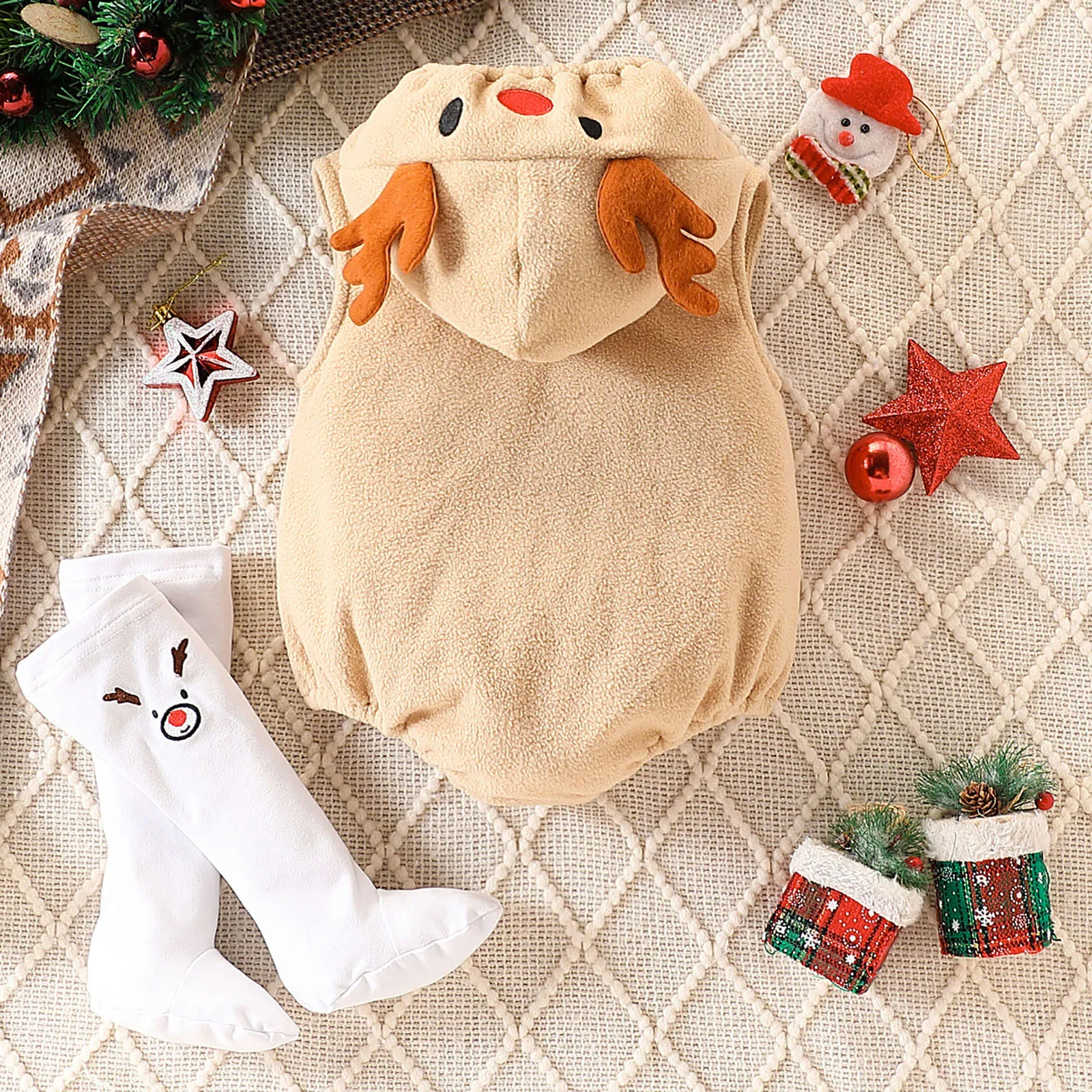 0-24M Newborn Baby Deer Cosplay Costume Sleeveless Hooded Zipper Romper With Leg Warmers Christmas Bodysuit For Boys And Girls