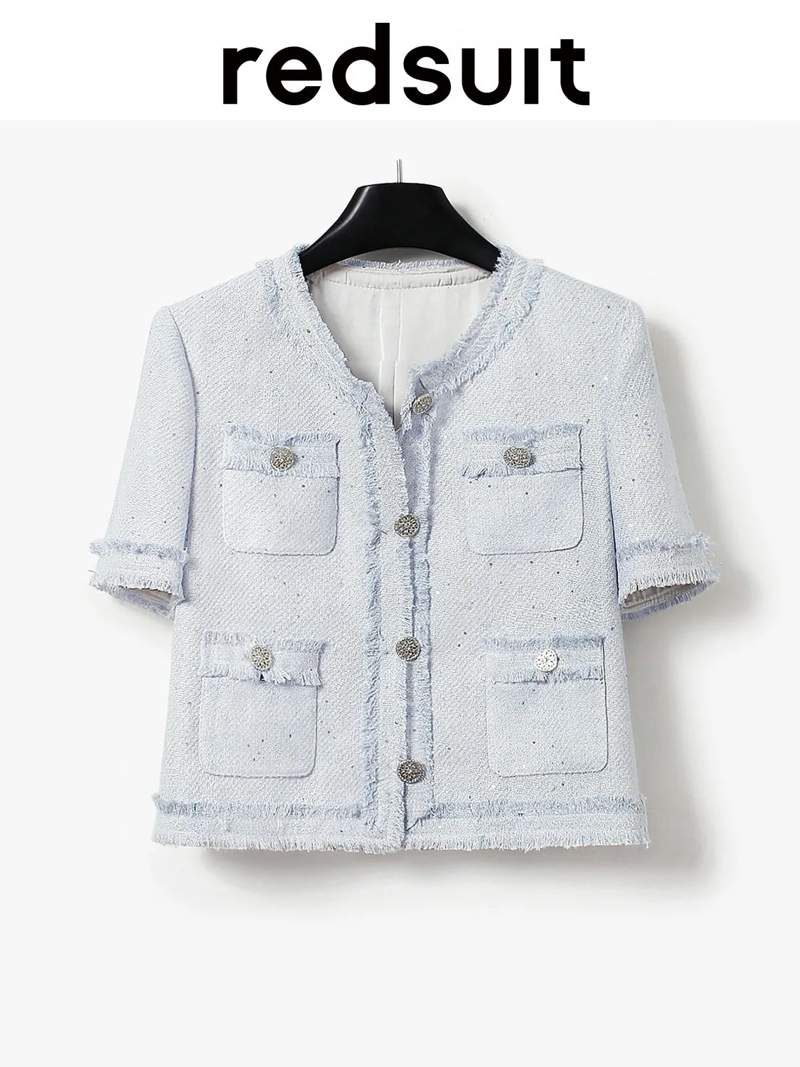 New Elegant short sleeved jacket, classic round neck blue top Custom Size