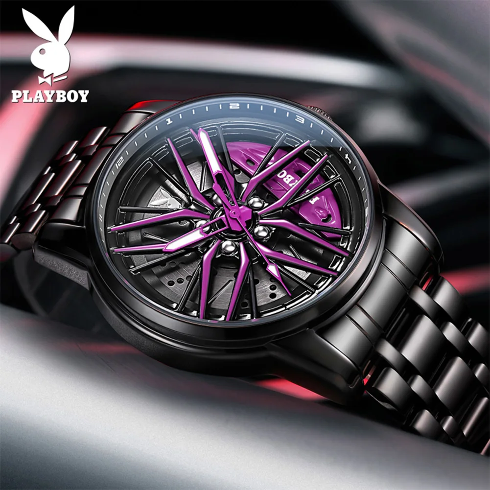 PLAYBOY 3522 Original Quartz Men Supercar Wheel Watch 360° Rotating Dial HD Luminous 30m Waterproof Timekeeping Classic Watch