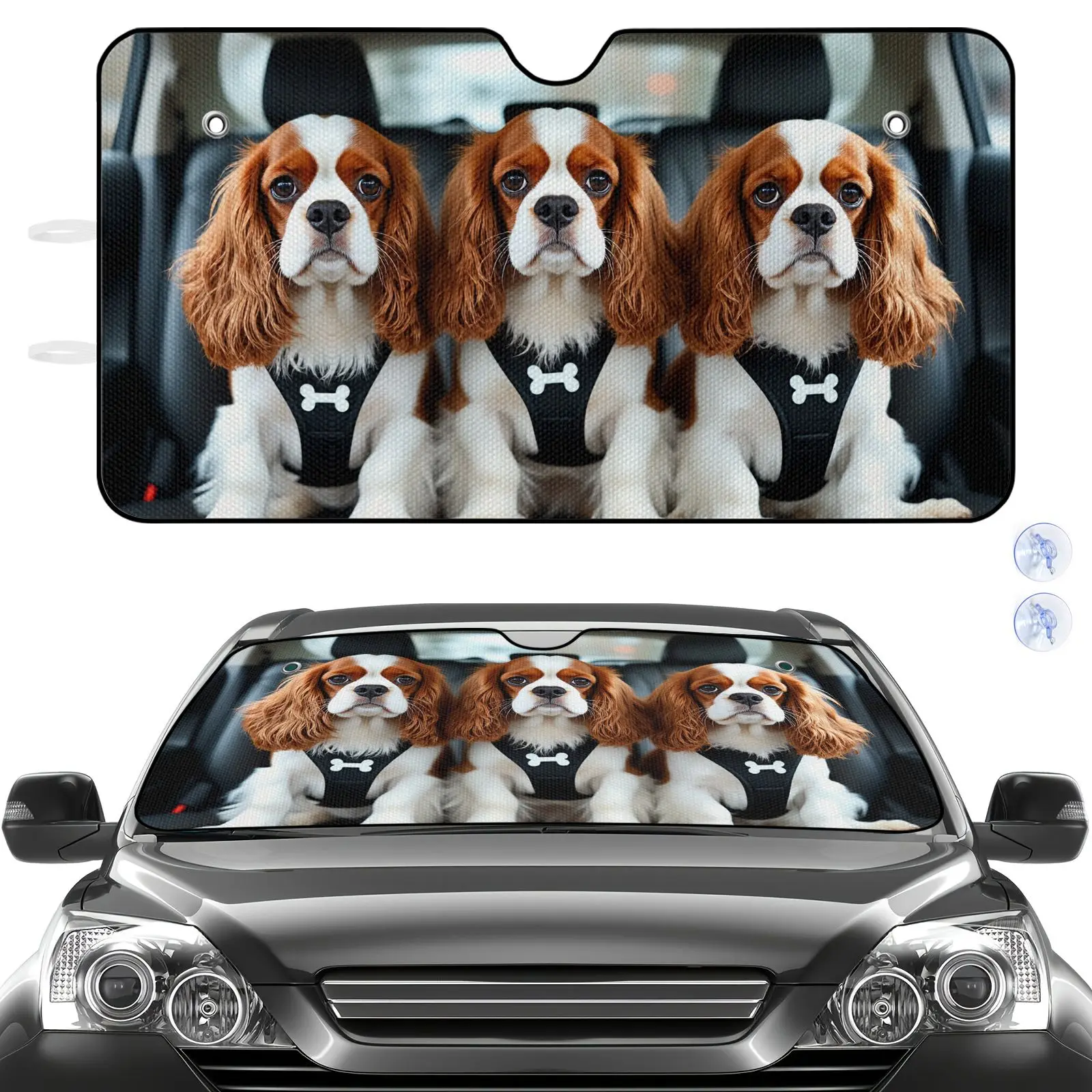 Car Sun Shade Black Three Cocker Spaniel Dogs With Bone Harness Print For Vehicle Interior Protection
