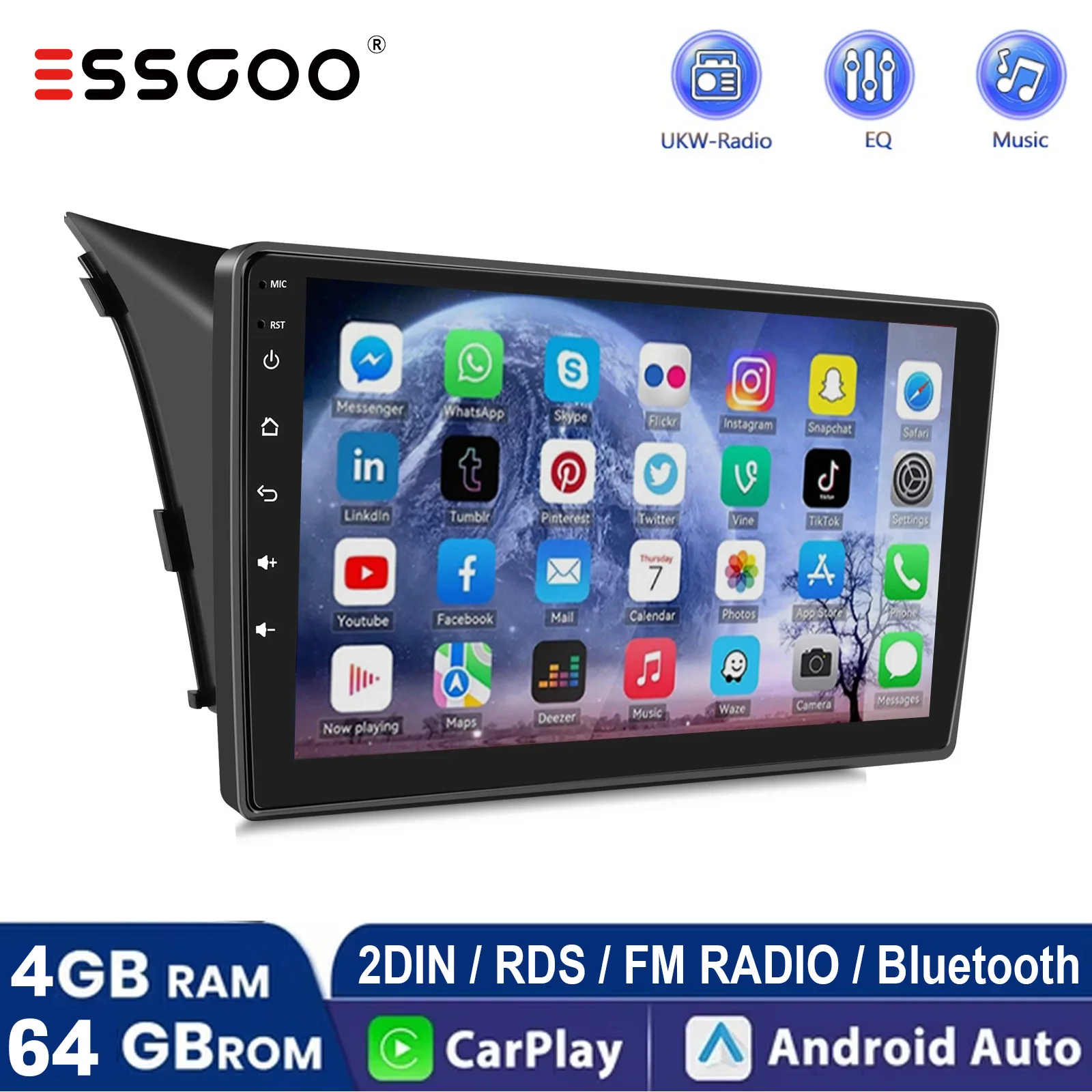 4GB+64GB Autoradio für Hyundai i30 2012-2016, kabelloses CarPlay, Android Auto, GPS, RDS, WLAN, Bluetooth, IPS-Bildschirm, DAB+, Kamera, ESSGOO