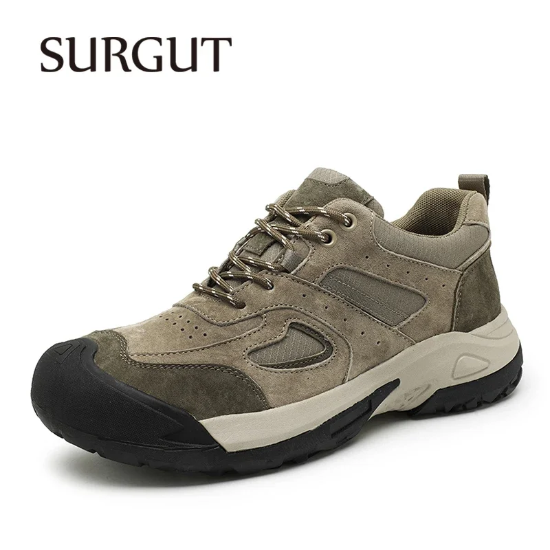 SURGUT Men Shoes Casual Quality Leather Mesh Breathable Cushioning Outdoor Anti-Collision Non-Slip Thick Bottom Men Shoes