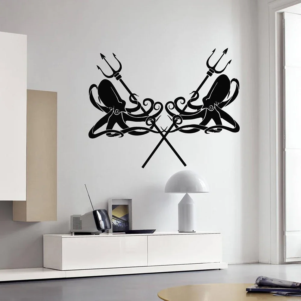 Octopus Vinyl Wall Decal Marine Trident Kraken Ocean Style Wall Stickers for Bathroom Home Wall Decor Removable Art Mural C444