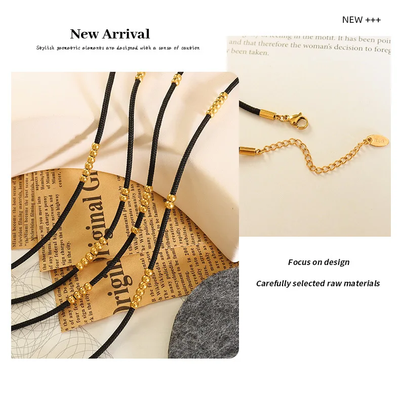 Schwarze Stoffseil-Halskette mit Edelstahlperlen, Lolita-Modeaccessoire für Frauen, cooler Trend, Paar-Halsketten im Großhandel – Detail 7
