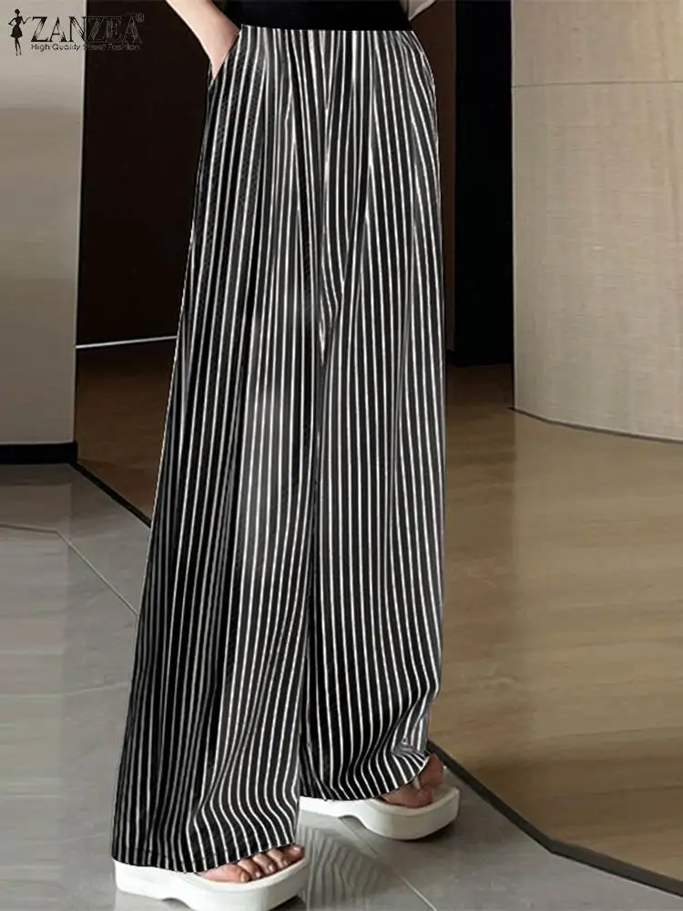 

ZANZEA Women Elastic High Waist Pant Korean Fashion Stripes Straight Pants 2024 Summer Wide Leg Trousers Casual Pocket Pantalon