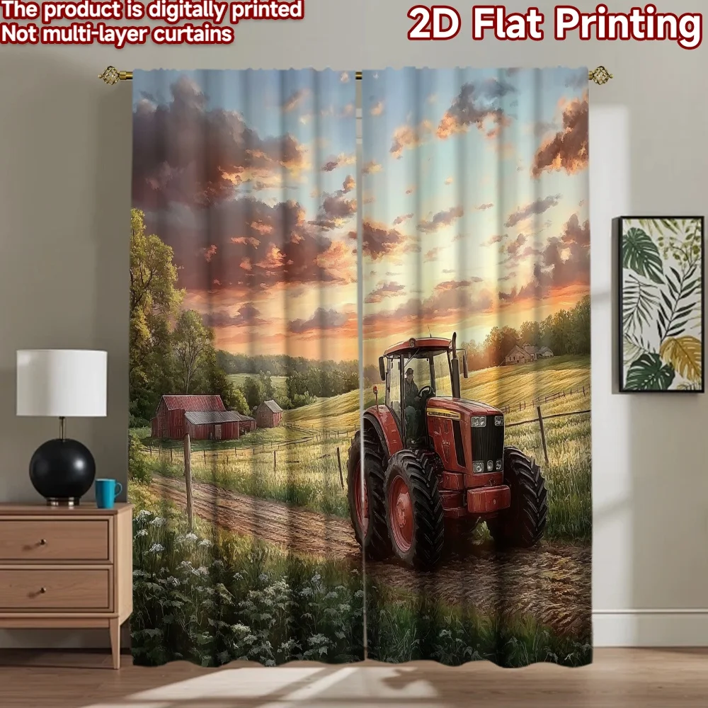 2D flat 2pcs Curtain Vintage drapes and curtains Sunset Farm Tractor Durable polyester fiber Festive Wall Decor Use for Room