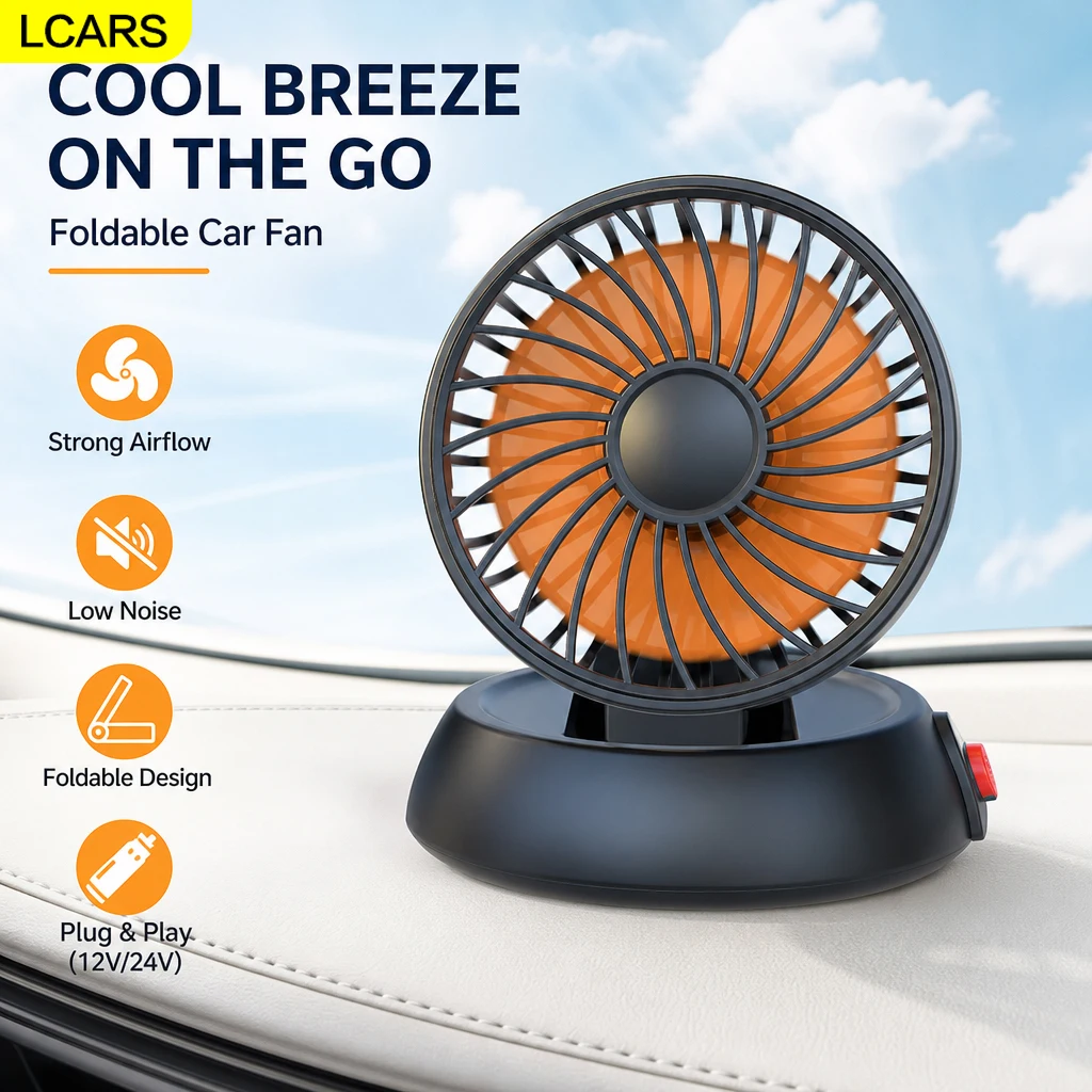 Lcars Multi-Head Foldable Car Fan, Can Be Stored and Adjusted to Multiple Angles, Universal for Trucks and Cars, Powered by Cigarette Lighter, In-Car Cooling Fan