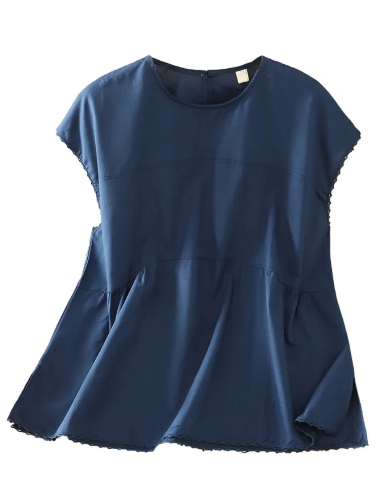 Japanisches Sle Svel rundes Ne Lace Trim Leinenmischung Damen T-Shirt Sommer Fre A-Linie Midi irt Lässig Bequem