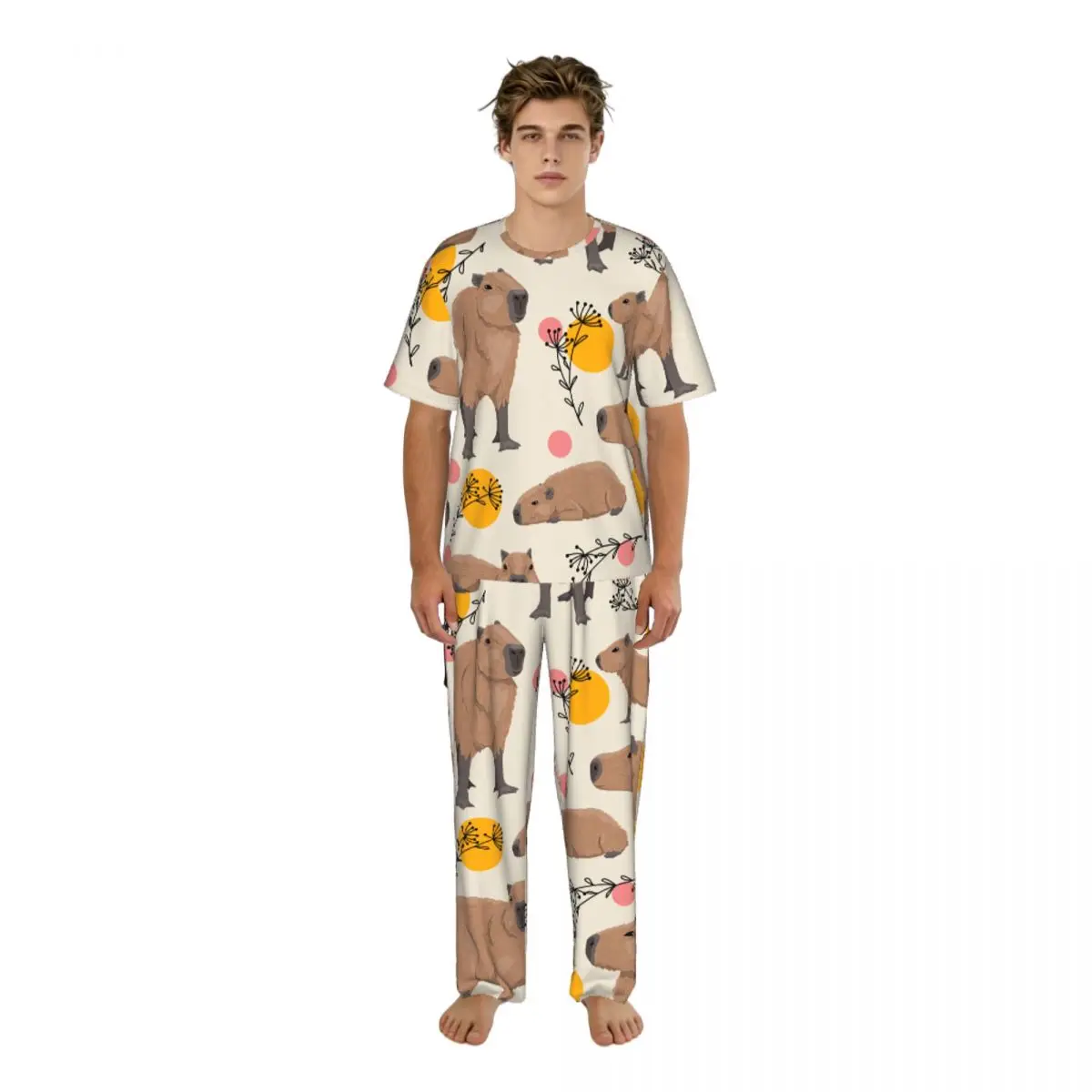 

Men's Casual Pajamas Sets Short Sleeve and Pants Sets Male Sleepwear Capybaras Plants And Circles Home Clothes