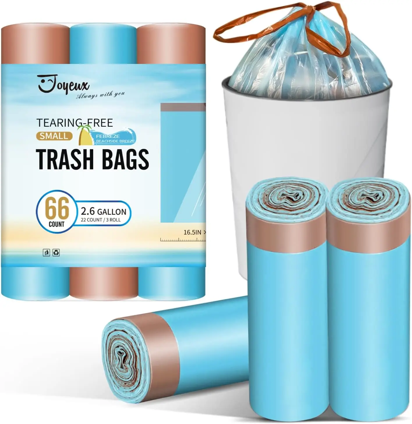 

2.6 Gallon Small Trash Bags, No-Tearing Drawstring Mini Garbage Bags for Bathroom Kitchen, Beachside Breeze Scent, 66 Count