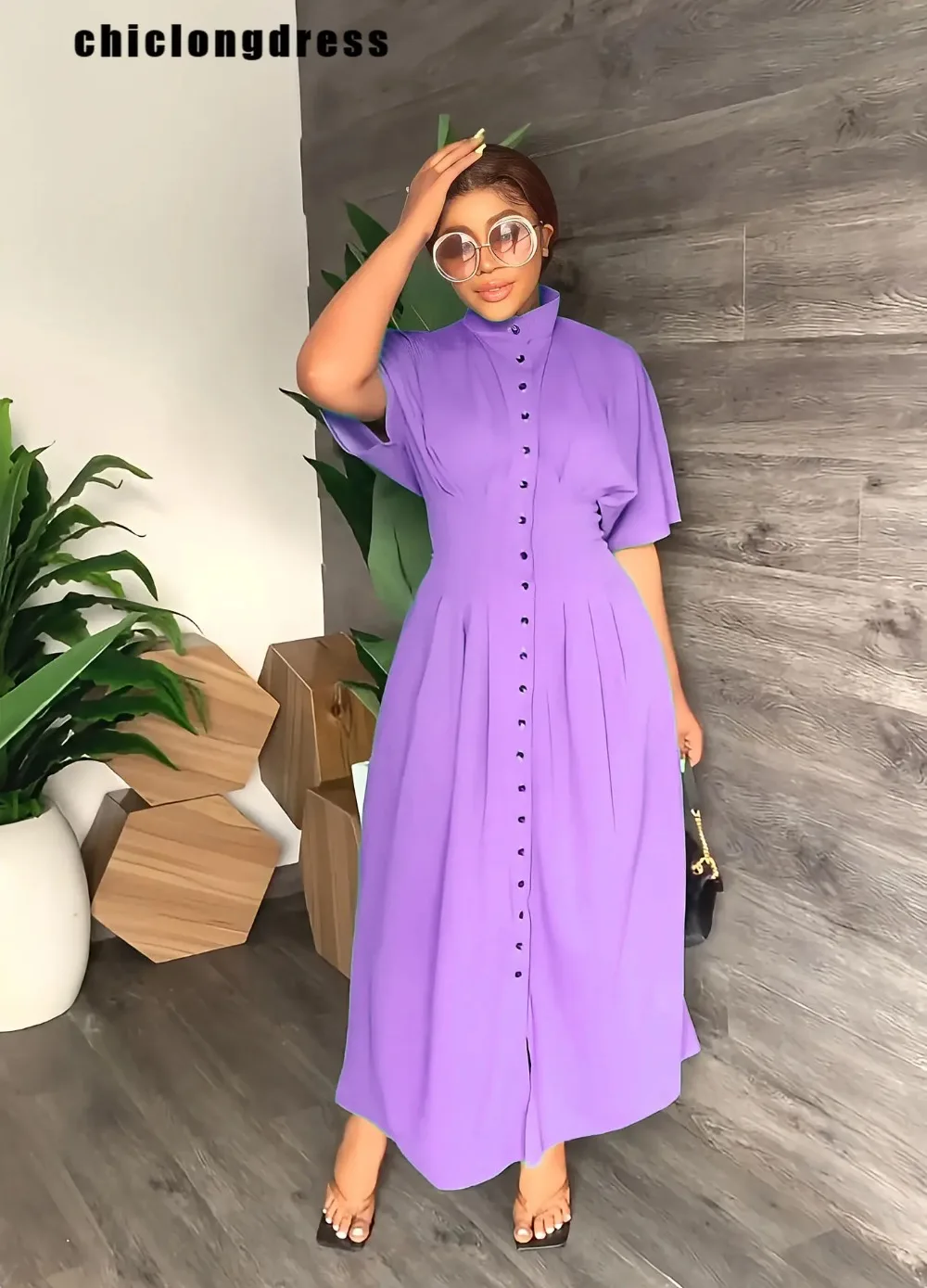 

Women's Long Bat Sleeve Button Shirt Dress, Monochromatic, Elegant, Fashion, Autumn, Summer, 2024