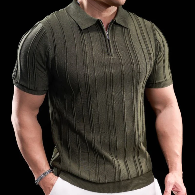 New Men‘s Knitted Polo Shirt Summer Fashionable Casual Solid Color Half Zipper Collar Vertical Striped Short Sleeve Polo Shirt