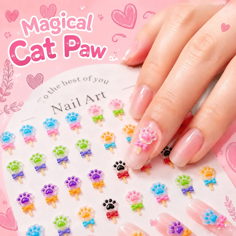 50Pcs Mini Cartoon Pastel Nail Charms Cat Paw Magic Wand Bow Ornaments Vacation Sweet Girls Nail Decor Kit
