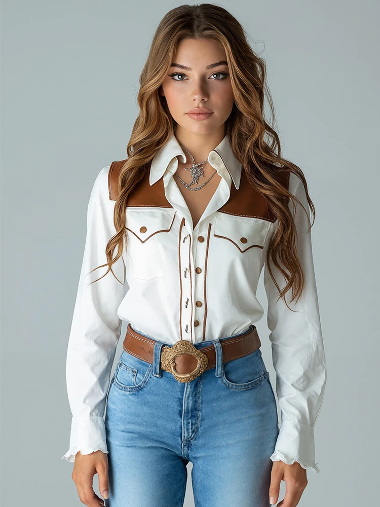 Women's Blouse Turn Down Collar Colorblock Single Breasted Chic Ethnic Vintage Office Lady Tops Long Sleeve Autumn Female Blouse