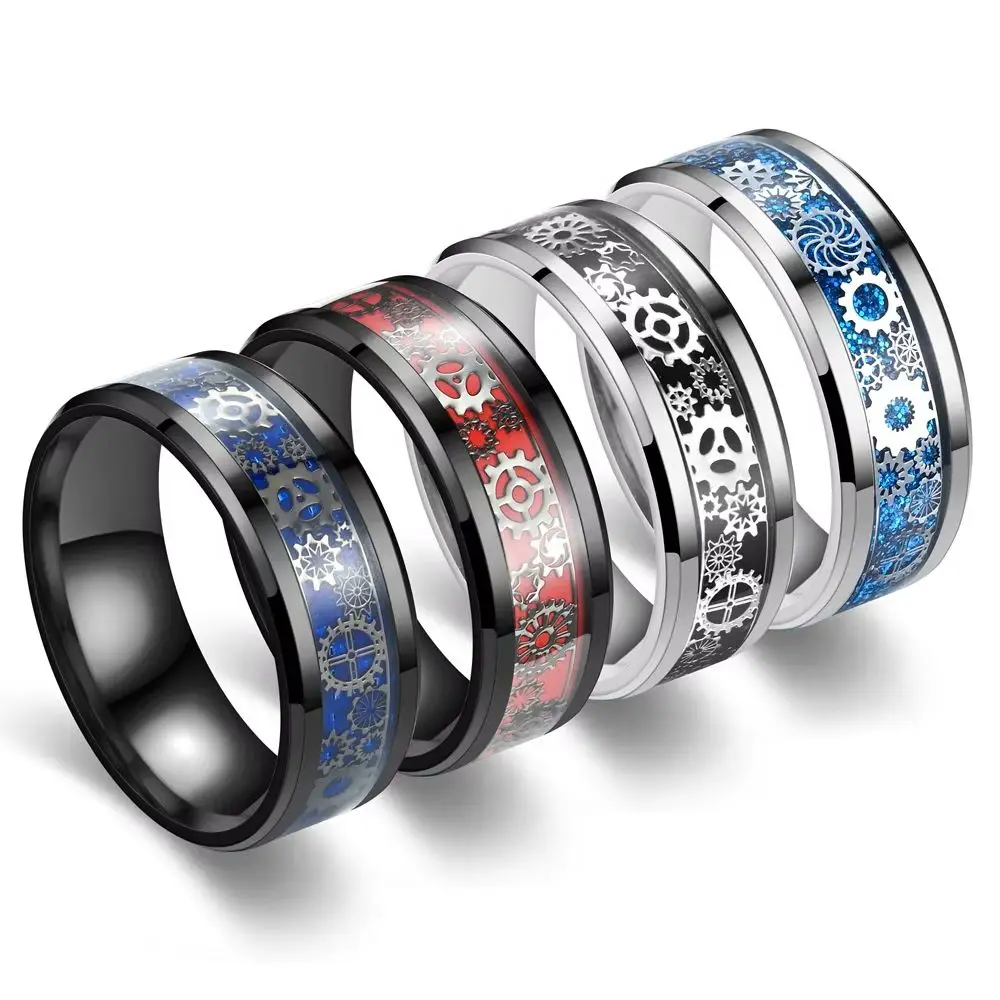 Mens Steampunk Gear Wheel Ring Stainless Steel Mechanical Light Blue Carbon Fiber Gothic Wedding Band