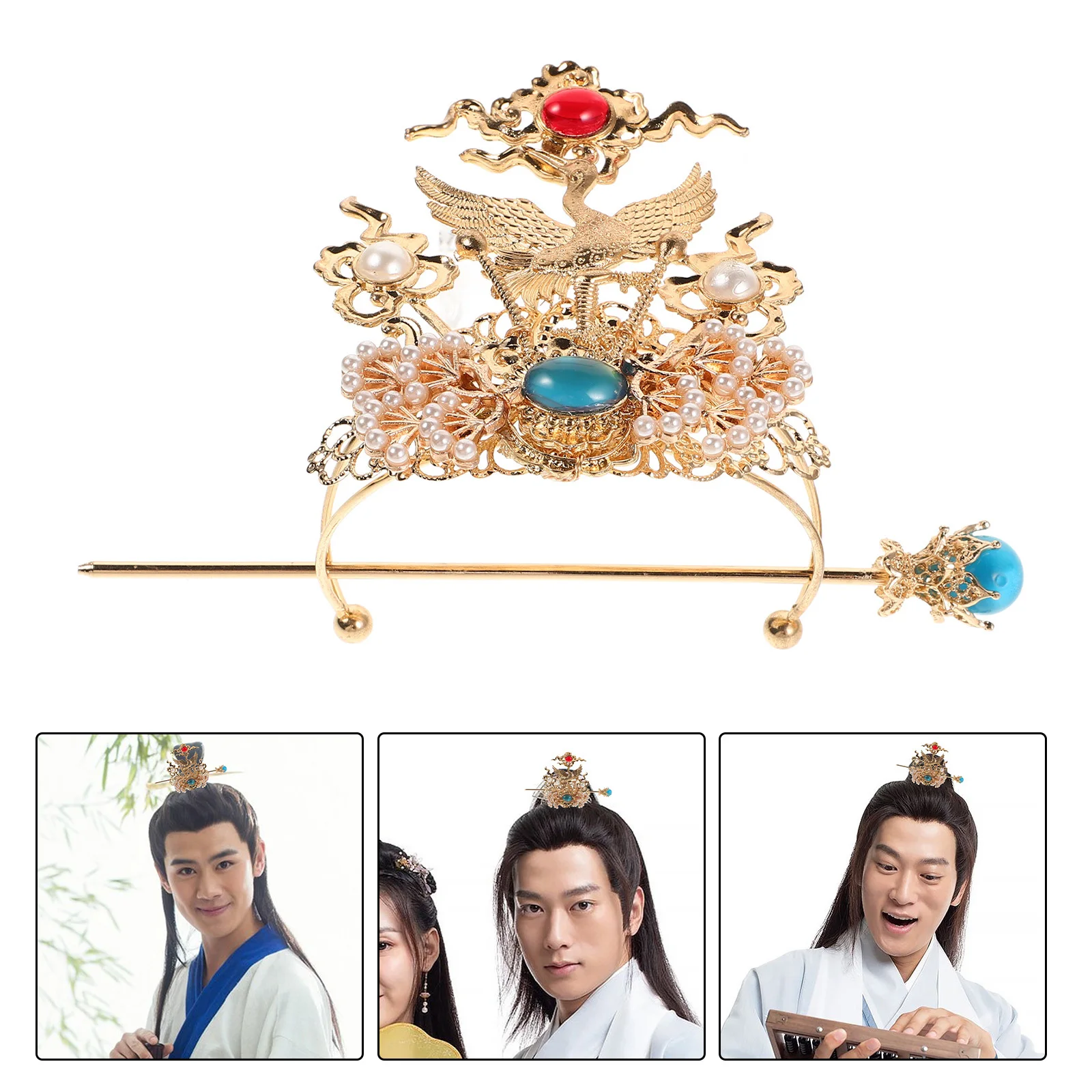 

Elegant Hanfu Crown Traditional Chinese Palace Style Gold Vintage Mens Clip Retro Crown Hairpin Ornament Durable Gemstone Alloy