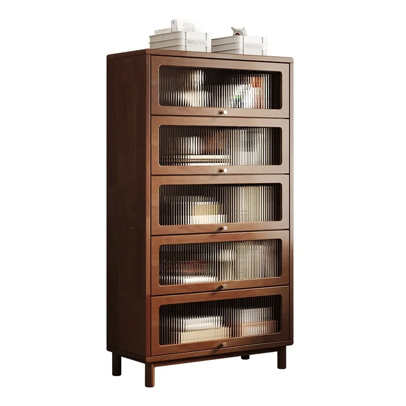 Children's bookcase Student dust-proof glass cabinet Solid wood locker Integrated storage rack against the wall