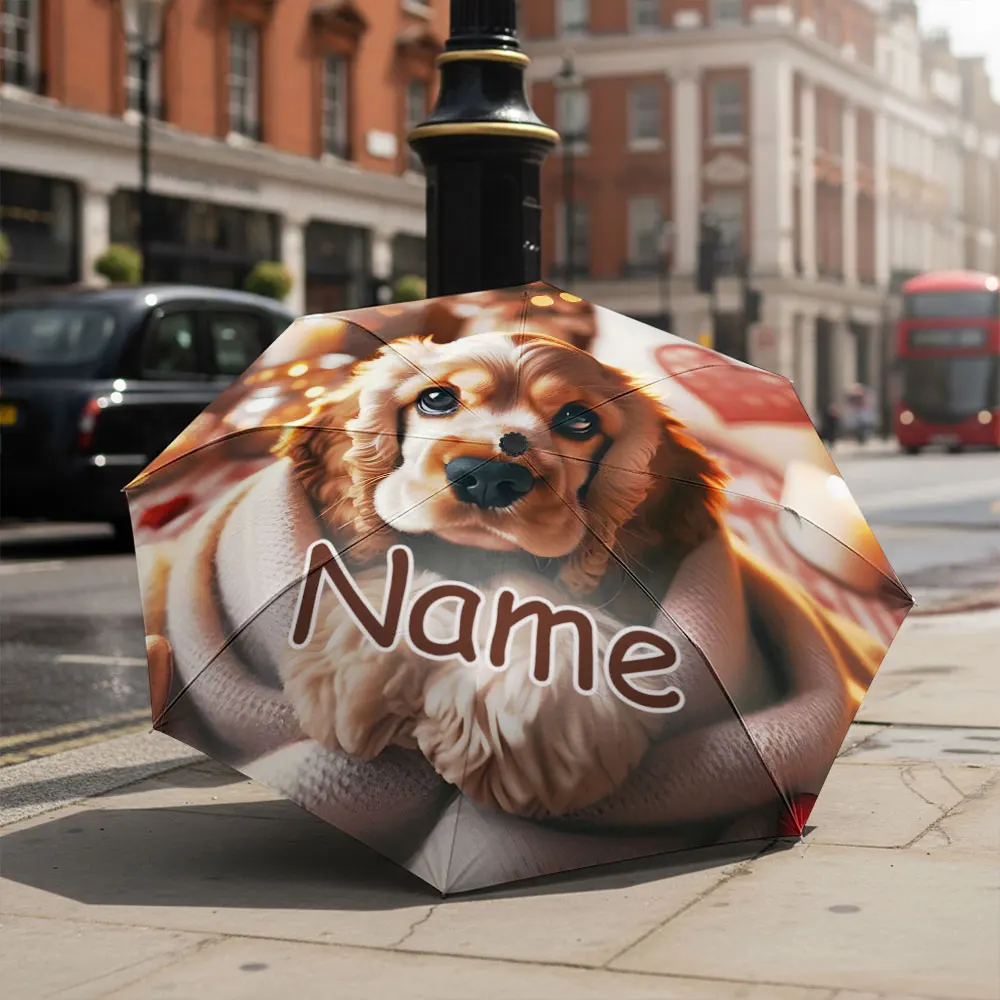 Custom Name umbrella,Cozy Puppy Wrapped in Blanket with Candlelight Ambiance Fashion Folding Umbrella for Sunny and Rainy Days