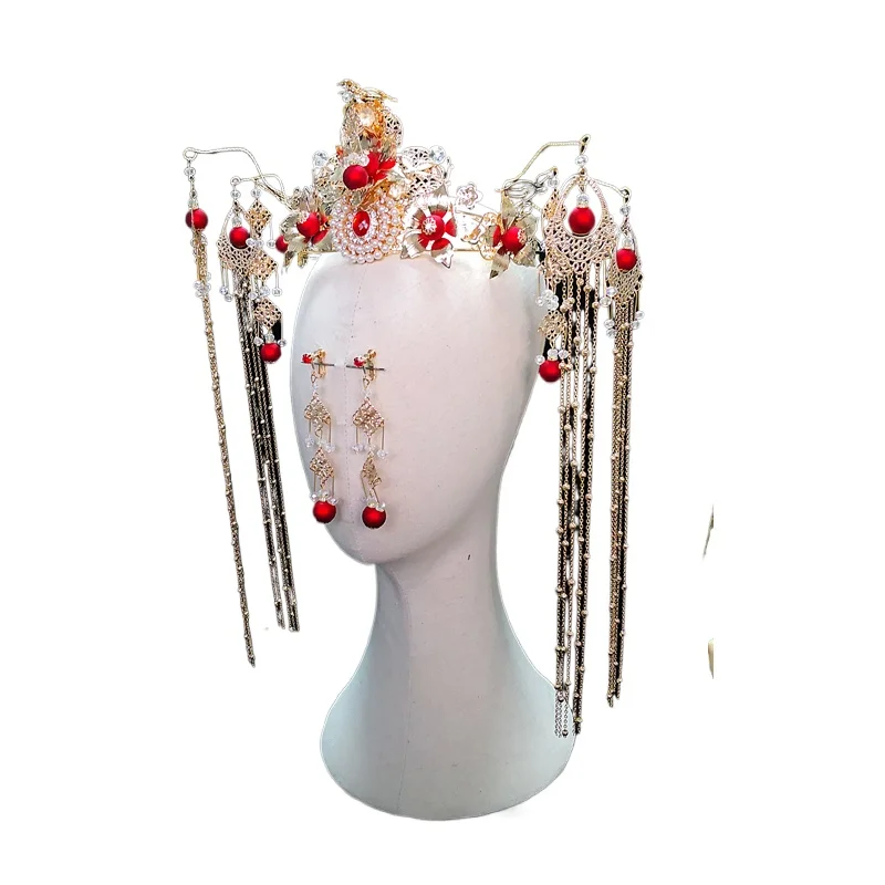 bride-chinese-wedding-phoenix-crown-earrings-set-fringed-headgear-xiuhe-clothing-accessories-headcrown