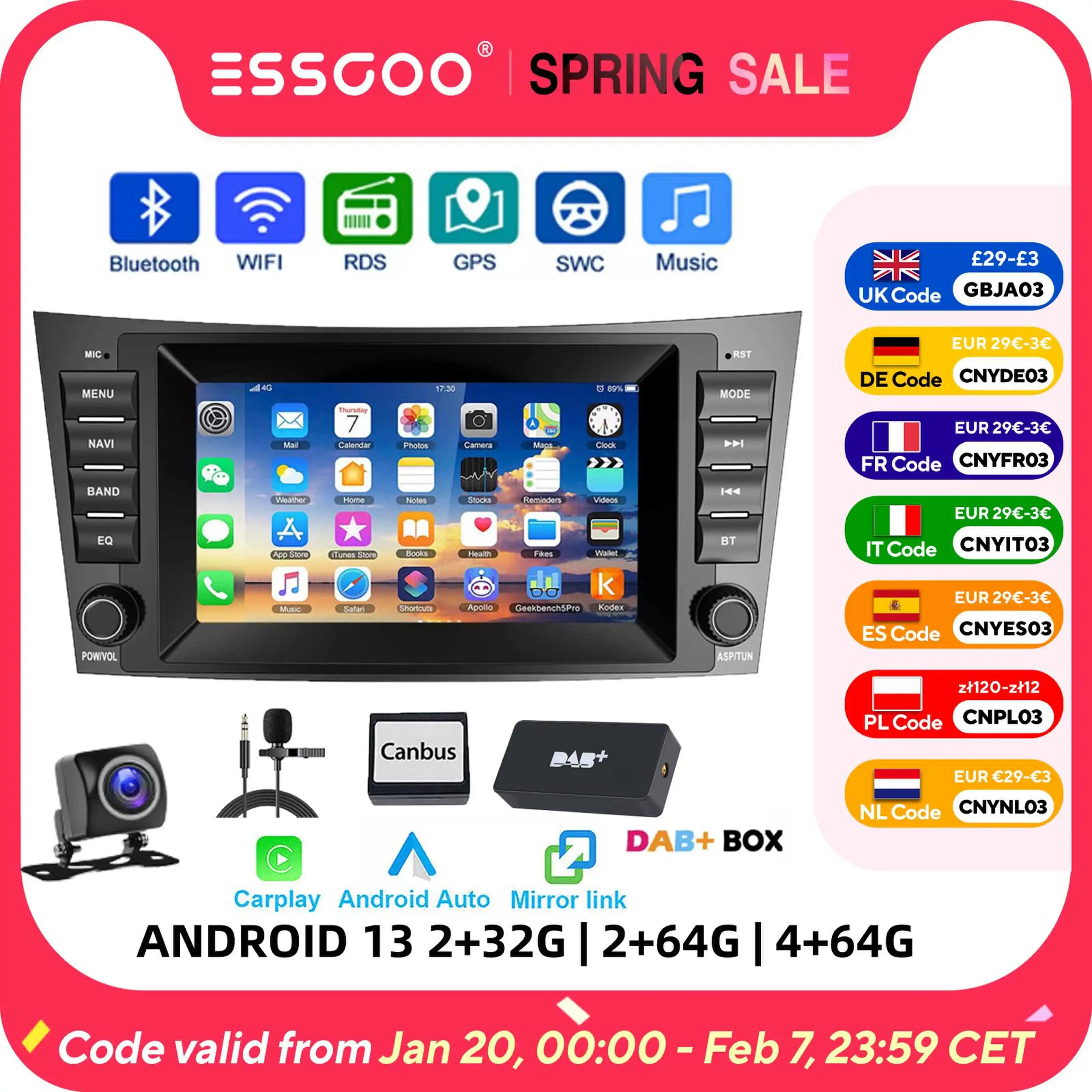 ESSGOO Car Stereo 2+32G/2+64G/4+64G Carplay Android Auto For Mercedes Benz E Class W211 CLS W219 W463 Bluetooth Android 13 GPS