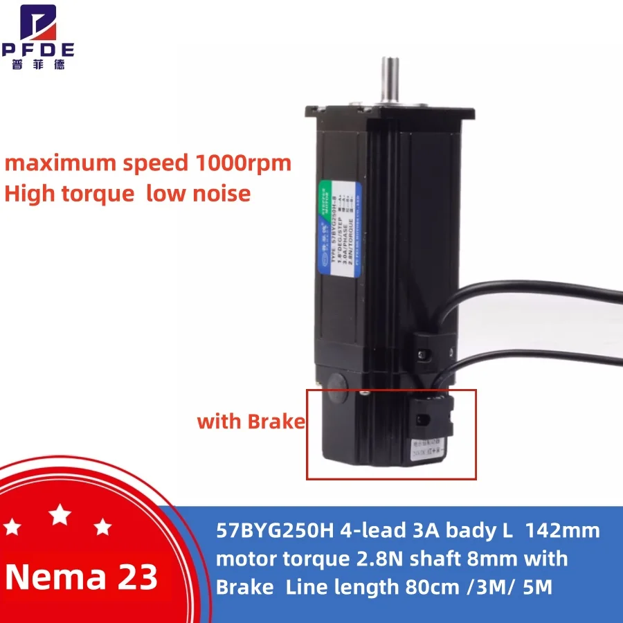 

Шаговый двигатель Nema 23 57BYG250H, 4-проводной, L-образный, 142 мм, крутящий момент 2.8 Н·м, вал 8 мм, с тормозом, длина кабеля 80 см, 3 м, 5 м.