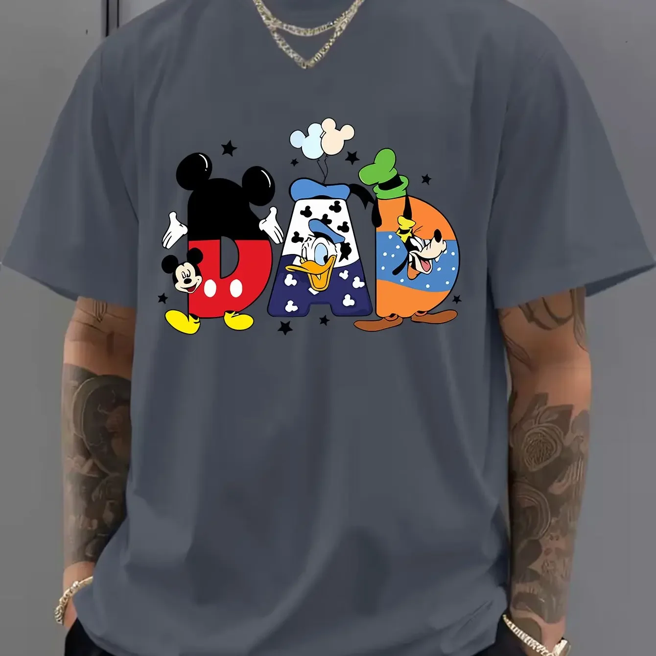 Men's Casual Fashion Creations Mickey Mouse Pattern 'The Best Dad Ever.' Letter Print T-shirt Comfortable Polyester Fabric