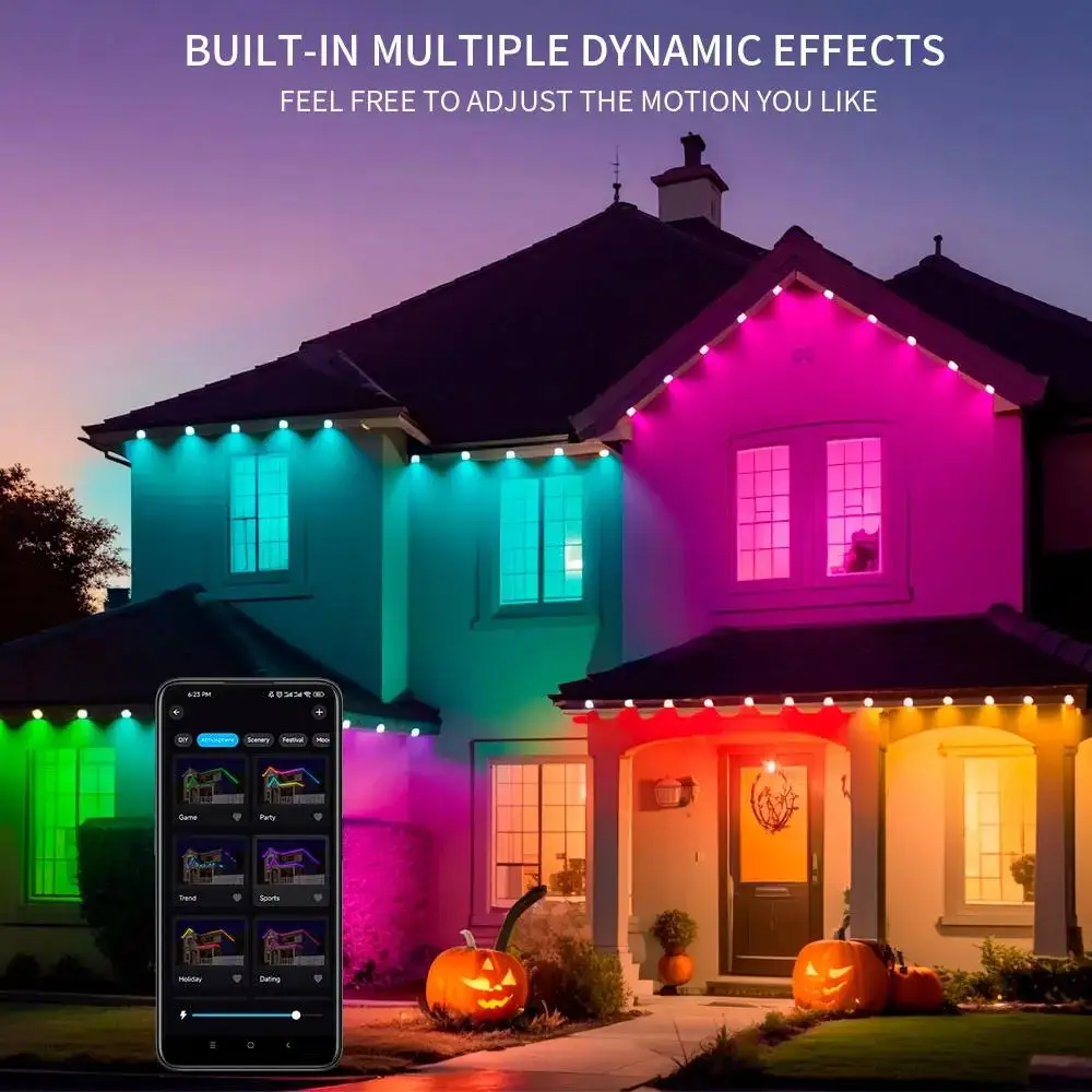 15M Permanent Outdoor Eaves LED Lights String APP RGB Light Strip  Bluetooth with DIY Scene Modes Lighting