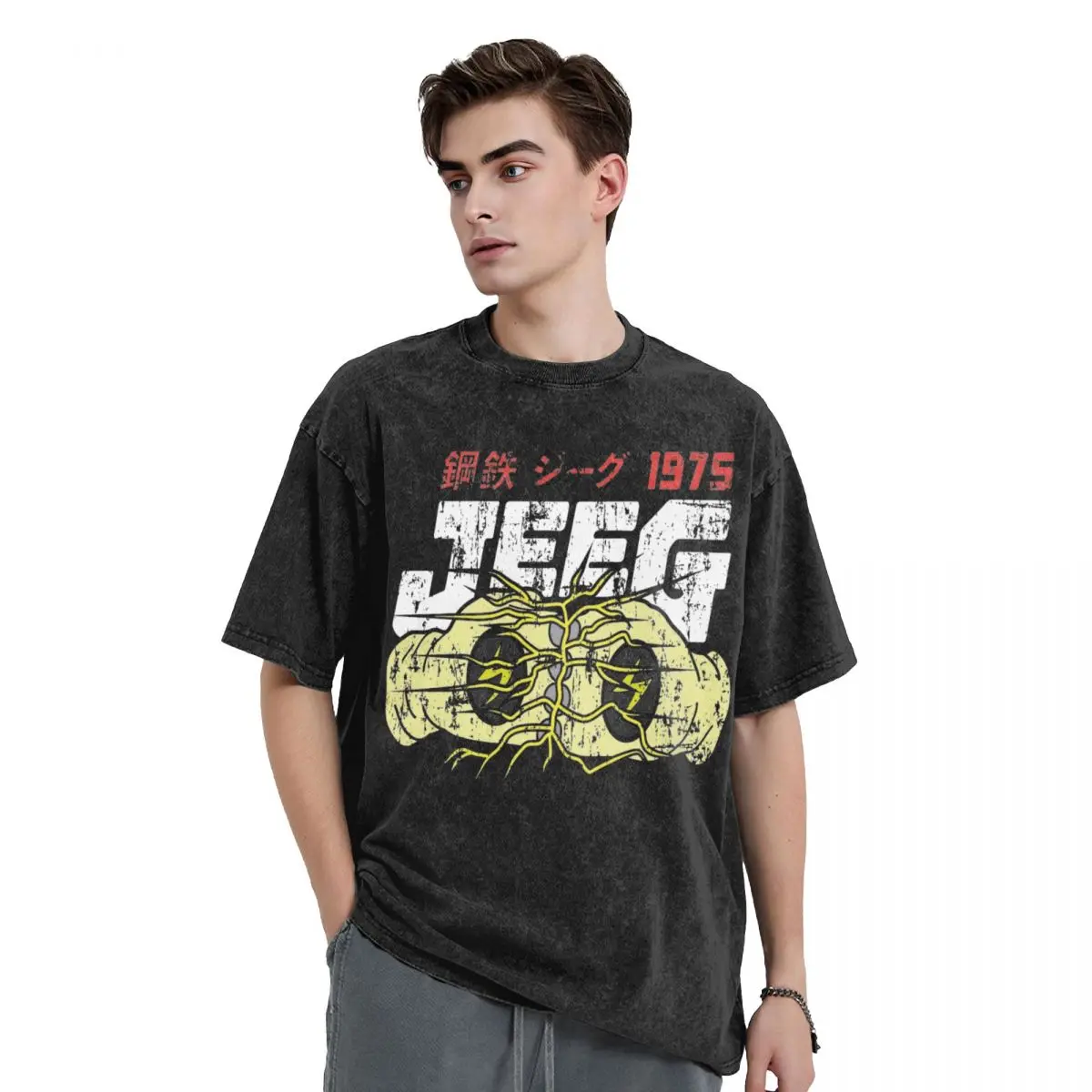 Steel Robot Jeeg Washed T Shirts Streetwear Hip Hop Retro T-Shirts Tees Tops for Men Women Short Sleeve High Street Graphic