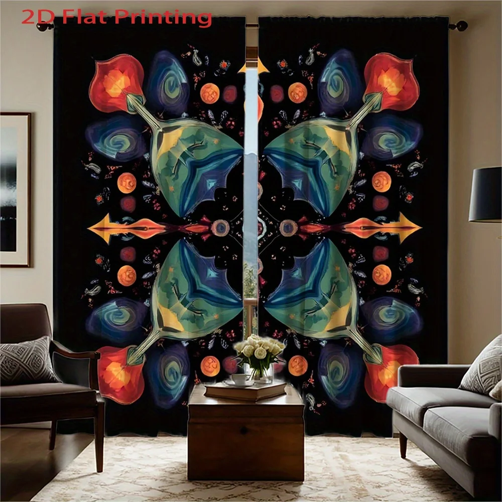 2pcs Modern Window Curtains - Semi-Sheer Privacy Drapes with Rod Pocket, Black Background & Multicolor Geometric Patterns