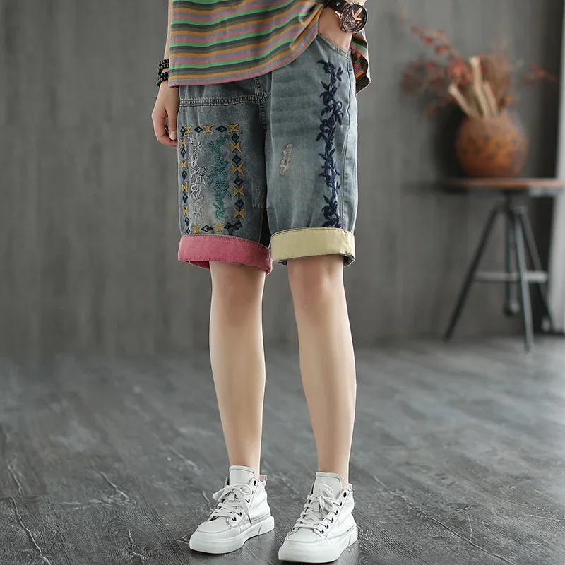 Phụ Nữ Mùa Hè Quần Short Denim Nữ Vintage Hoa Thêu Dán Cường Lực Quần Short Nữ Lưng Thun Rời Quần Short Jean