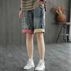 Summer Women Denim Shorts Female Vintage Flowers Embroidery Patch Shorts Woman Elastic Waist Loose Jeans Shorts