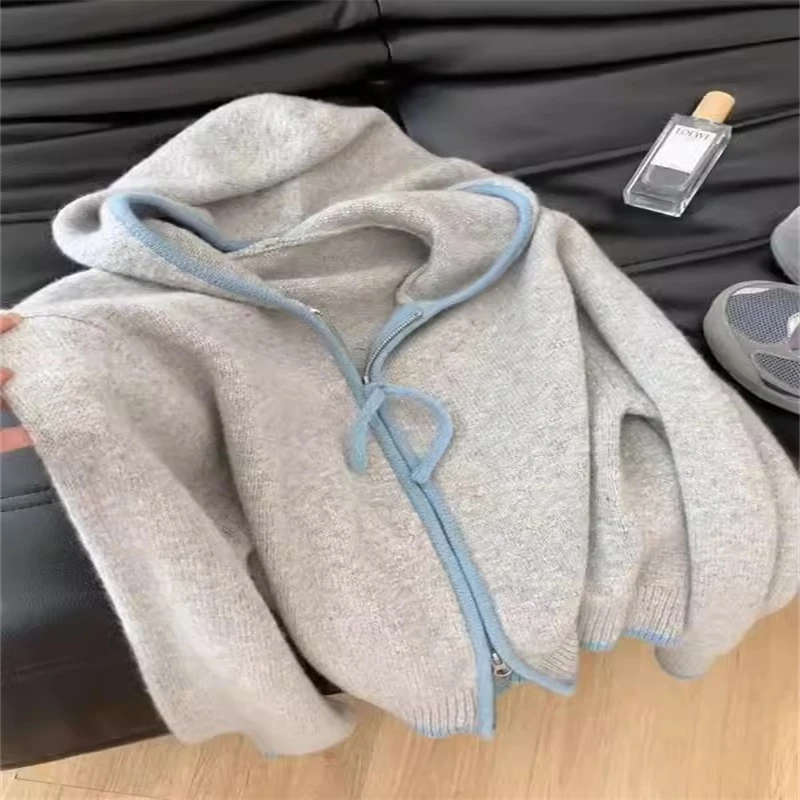 

Autumn Winter New Women Double Zipper Lapel Collar Knitting Cardigan Lazy Style Unique Sweater Casual Long Sleeved Tops