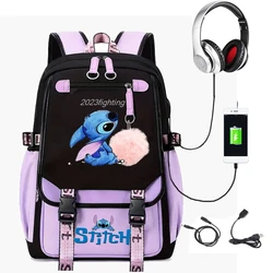 Cartoon Stitch Backpacks Teenager USB Charging Laptop Backpack Women Men Rucksack Travel Bag Patchwork Mochilas