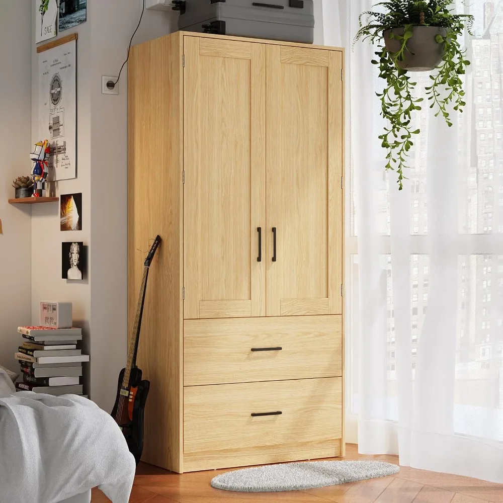

Wood Wardrobe Closet with 2 Doors, Bedroom Freestanding Armoire Storage Cabinet with Shelves, Wooden Wardrobe Combination